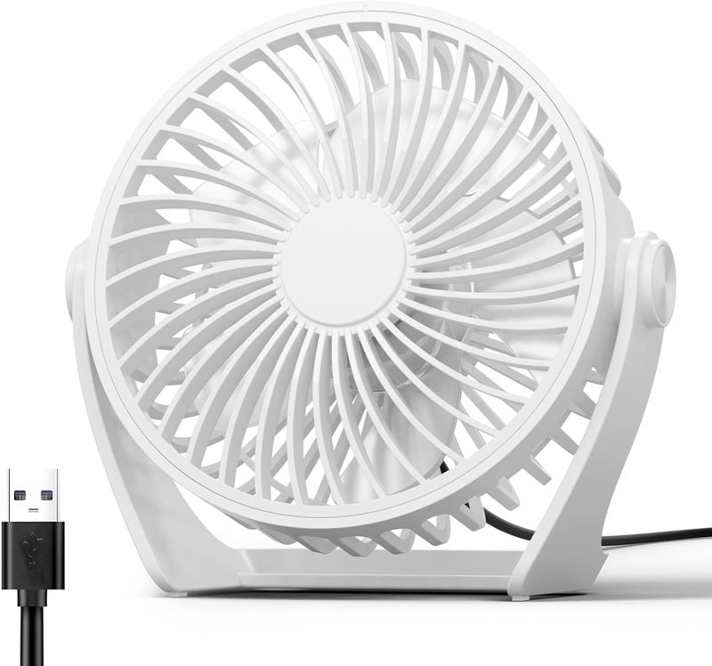 Edvision USB Desk Fan, 5 Inch Small Portable, 3 Speeds Powerful Wind Mini Personal Desktop Fan 360° Rotation Adjustable, Plug In USB Fan Quiet for Table Home Office Travel Car(White) - Image 1